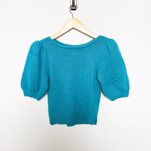 Vintage 80s Brass Plum teal blue silk angora puff sleeve knit sweater Small - Picture 4 of 5